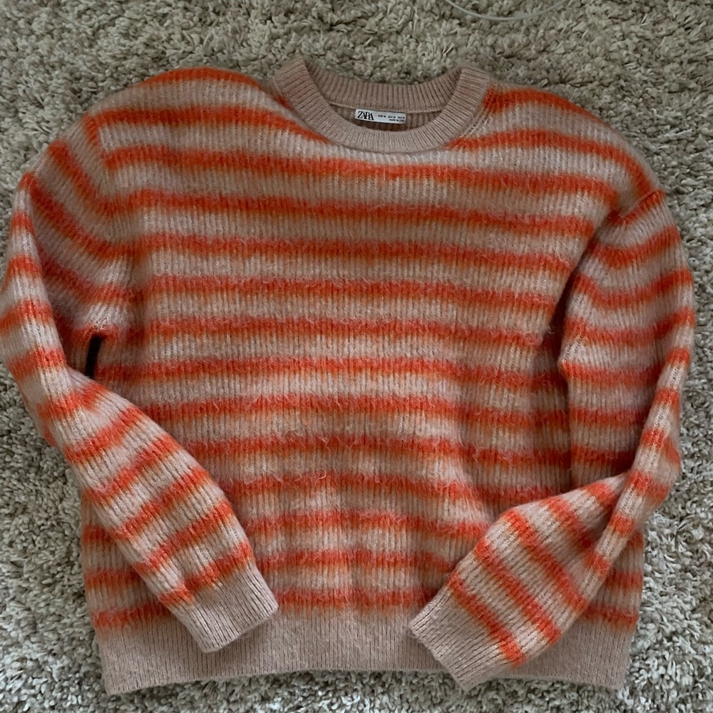 Zara Orange Striped Crew Neck Fuzzy Sweater - Picture 3 of 3